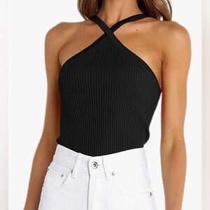 Women Sexy Criss Cross Ribbed Knit Halter Crop Cami Sleeveless Backless (070)